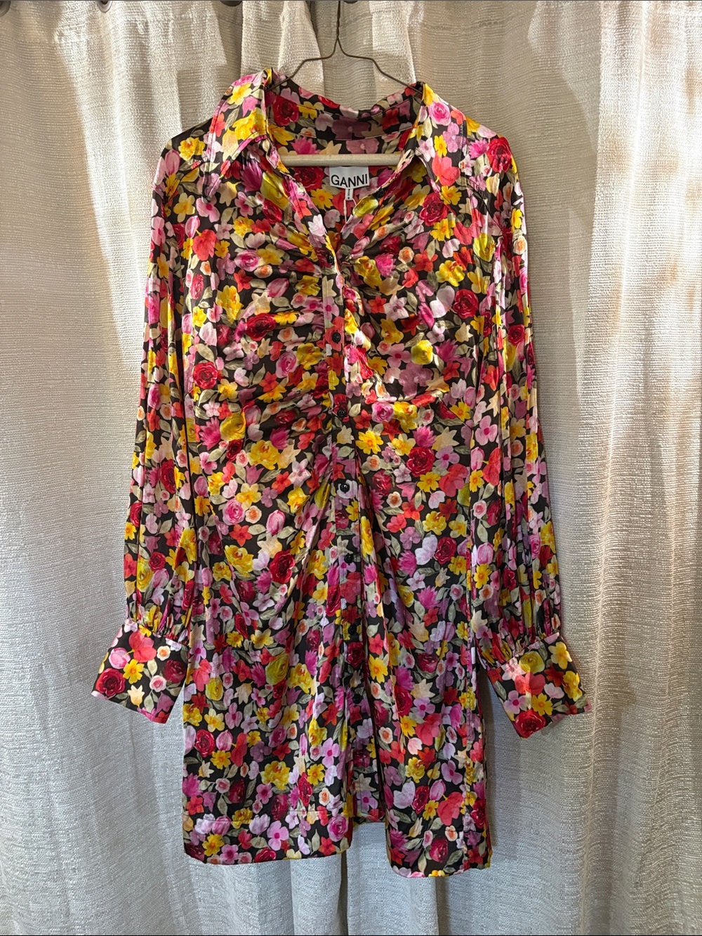 Silk Ganni size 48 Pink Yellow Red Floral Button-Up Dress